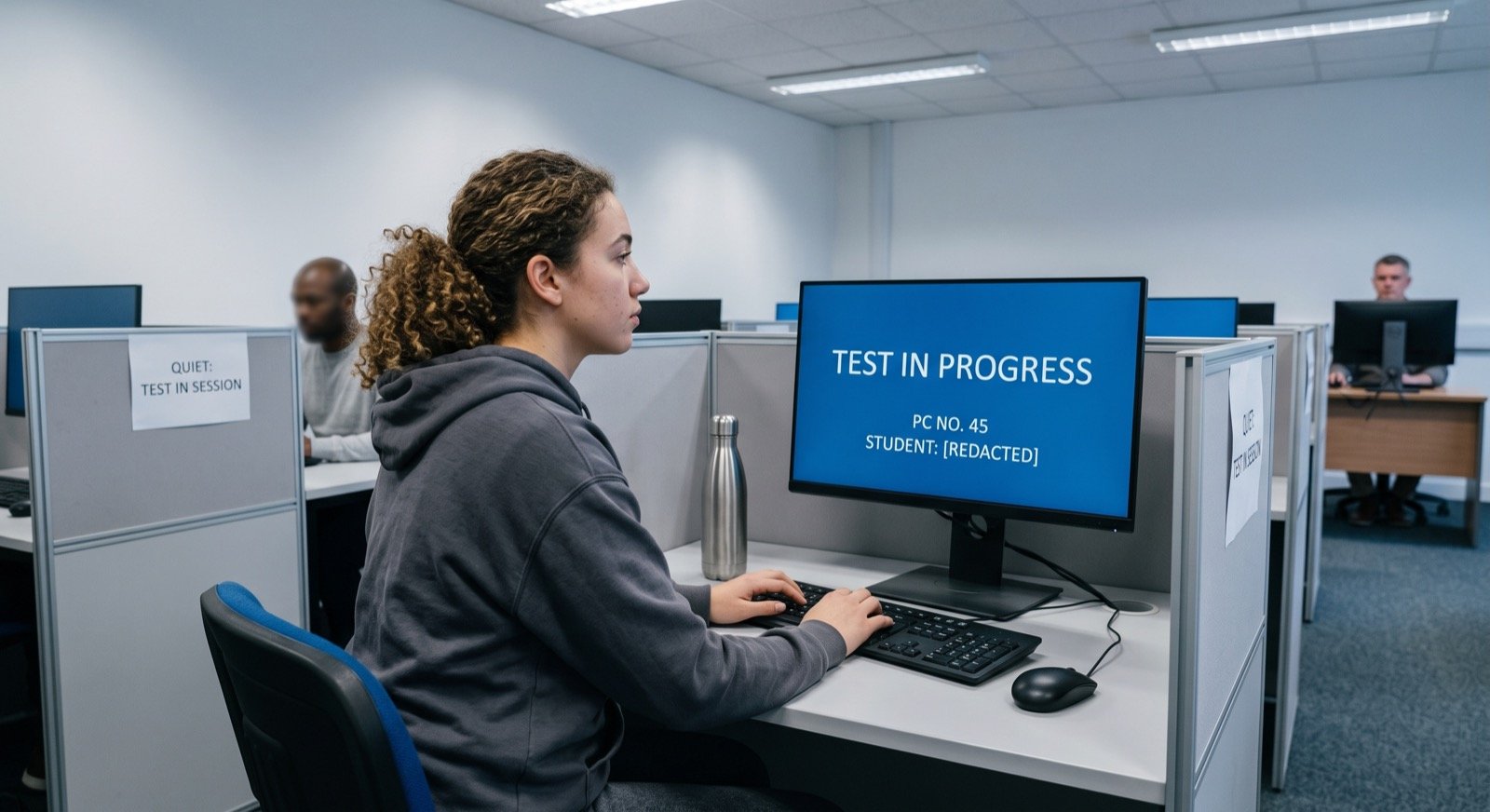 Learner taking a computer-based test at a quiet test centre workstation
