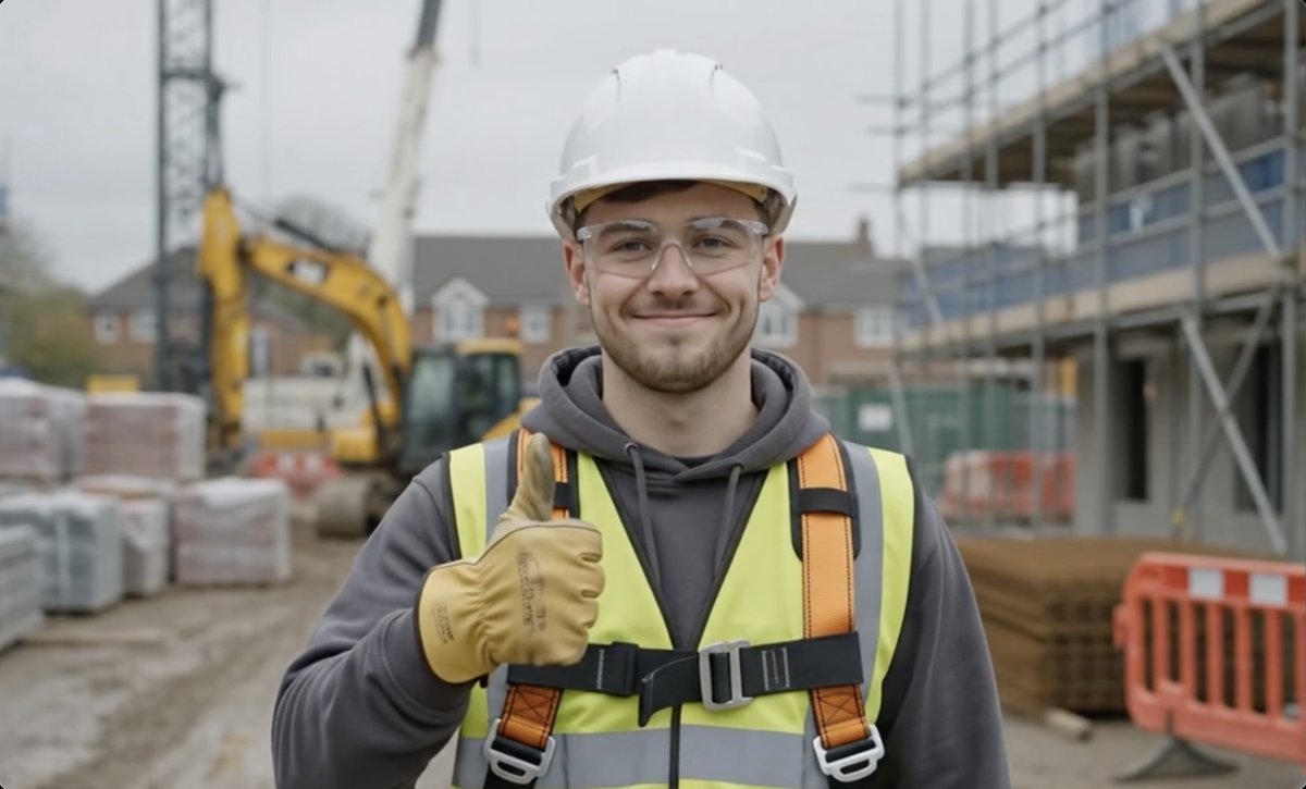 Smiling construction site worker in full PPE — hard hat, safety glasses, hi-vis vest with harness, and gloves — giving a thumbs-up on a UK construction site