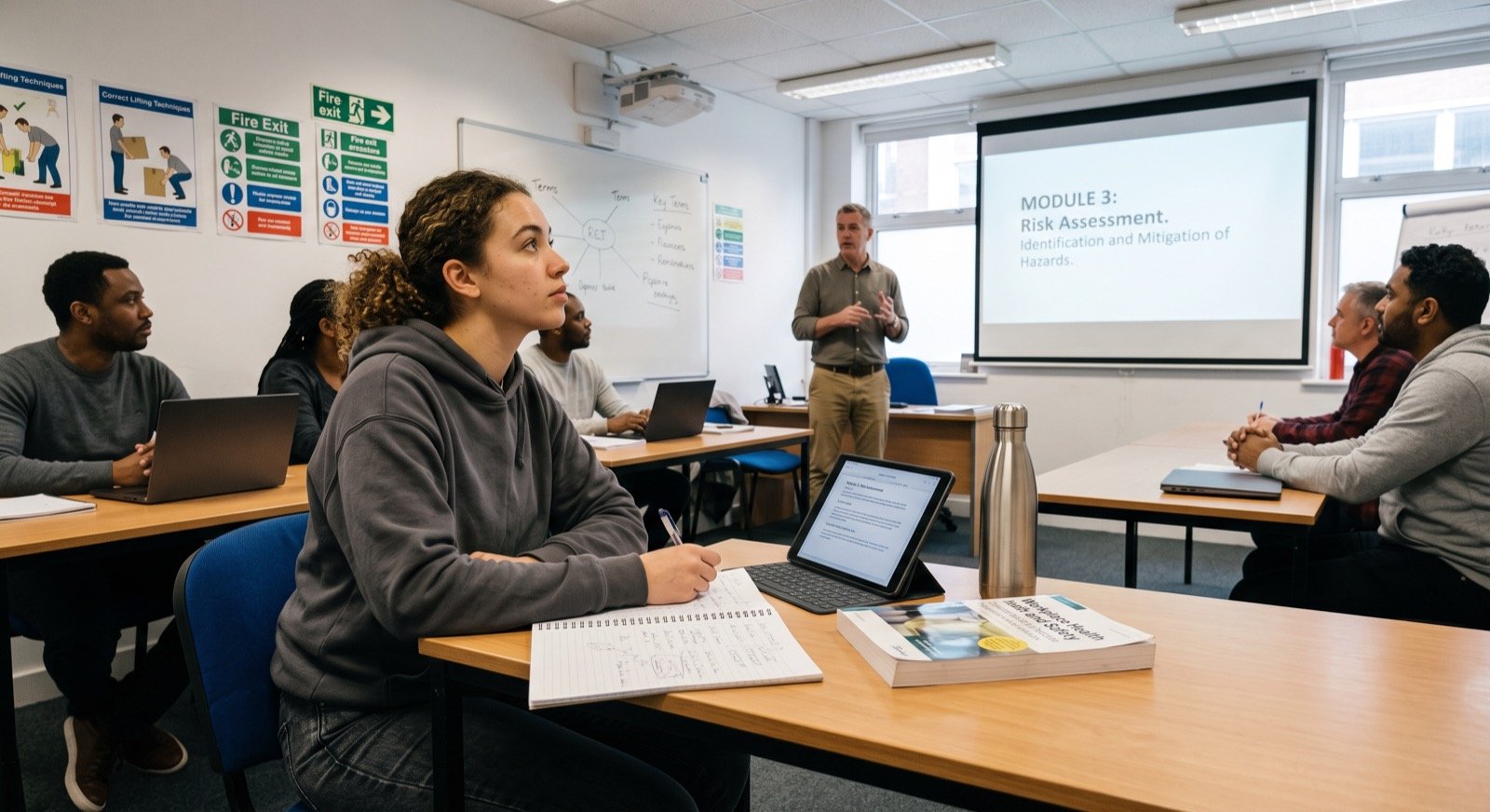 Instructor presenting a risk assessment module to Level 1 Health & Safety learners in a classroom