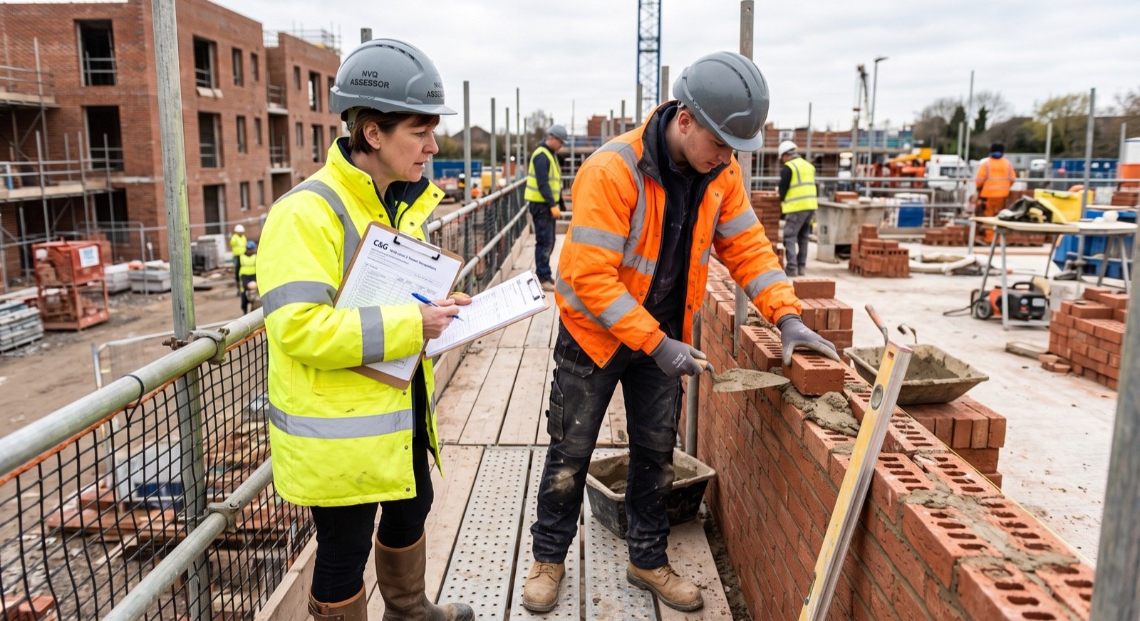 NVQ assessor reviewing a City & Guilds portfolio on-site with a bricklaying apprentice