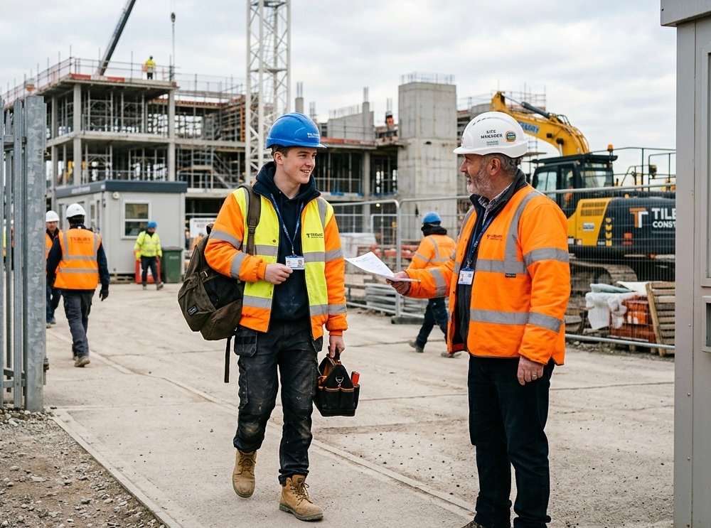 Site manager briefing a crew on a construction site