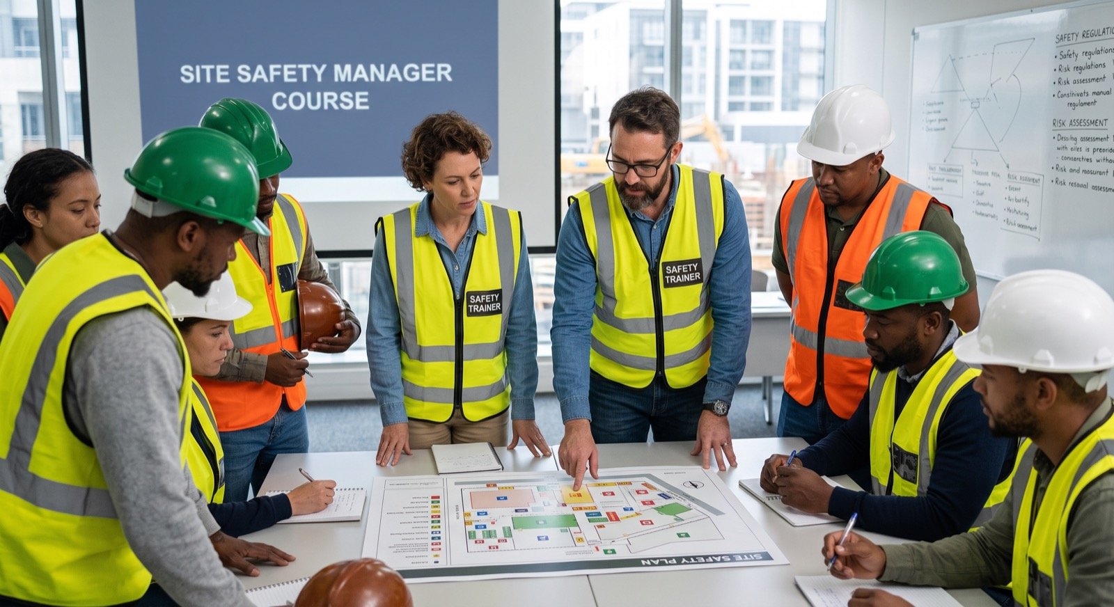 Safety trainers reviewing a site safety plan with construction workers in a training session